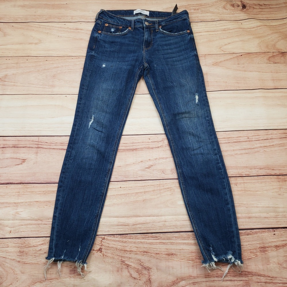 Zara Jeans Womans 4 Distressed Hem Skinny Ankle Dark Wash Denim Casual Ladies‎